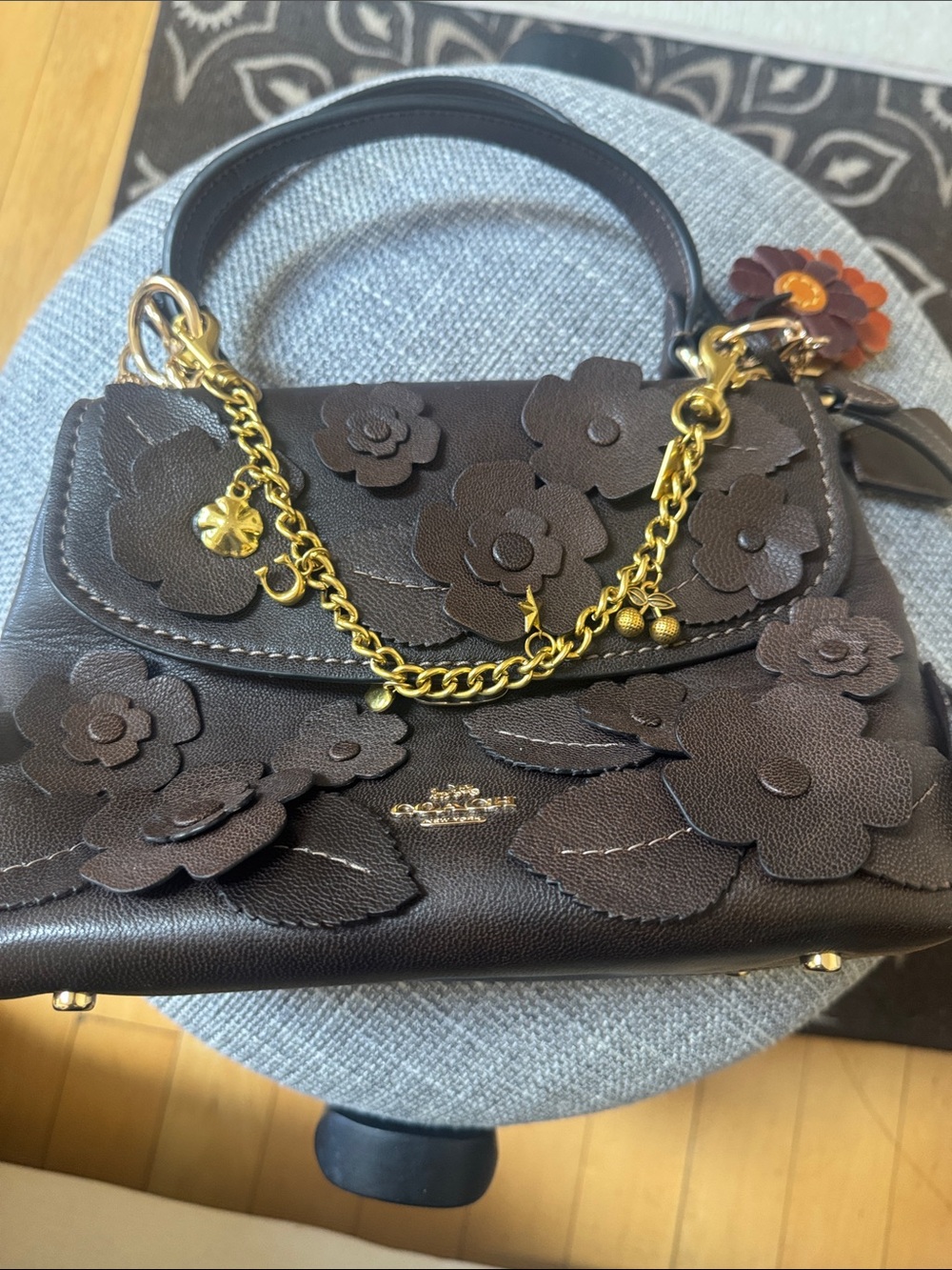 Coach Brown Floral Appliqué Leather Satchel with Gold Chain